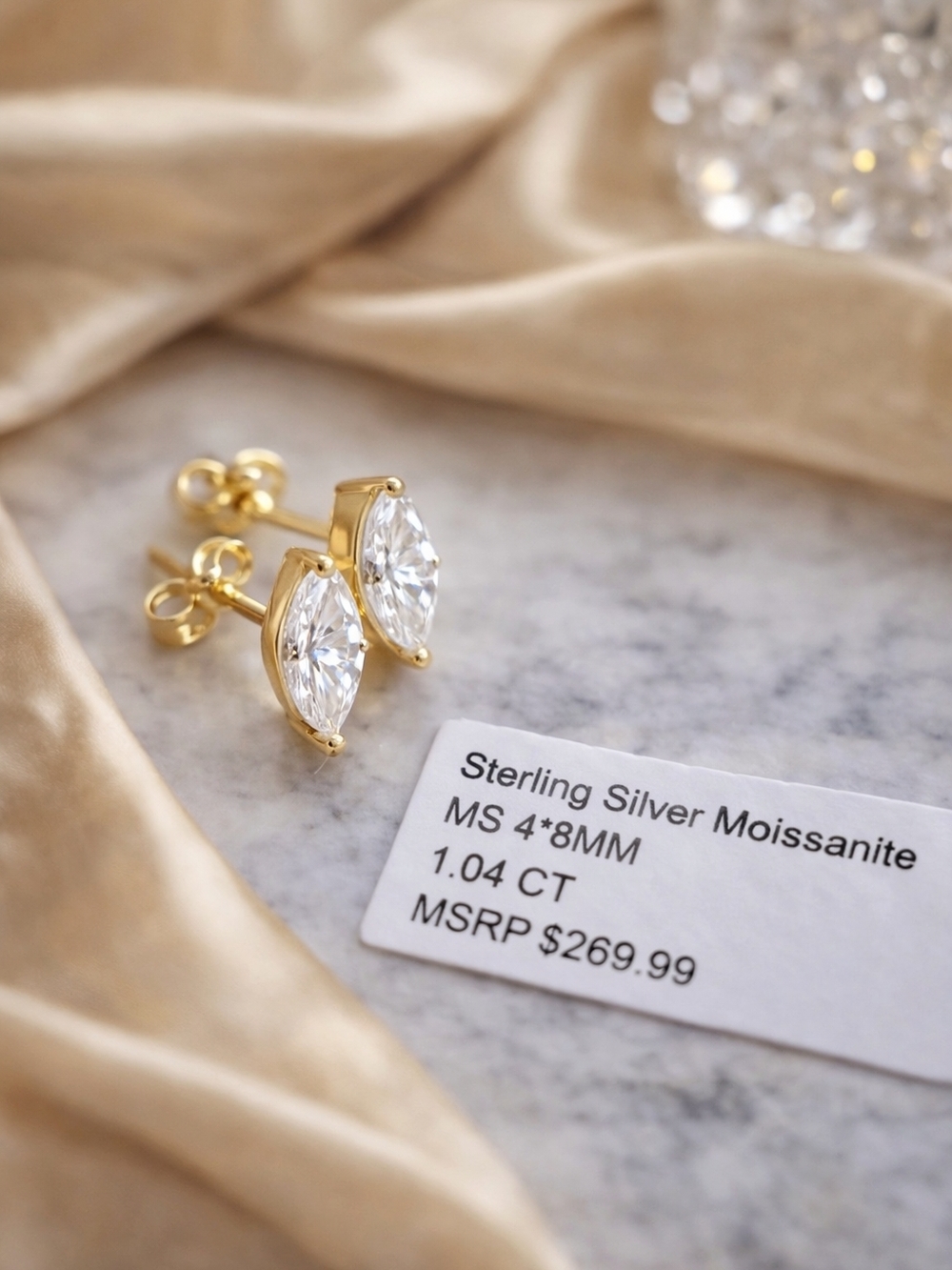 ✨️Sterling Silver Moissanite Stud Earrings 1.04 CT Total 4x8mm Marquise Cut✨️